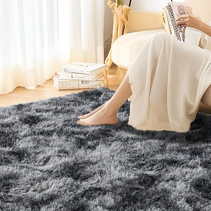 Area Rugs 9x12 for Living Room, Ultra Soft Fluffy Rugs for Bedroom, Non-Slip Furry Large Rug for Teen Girls and Boys,Nursery Kids Room Dorm Home Decor, High Pile Plush Floor Carpet, Dark Grey