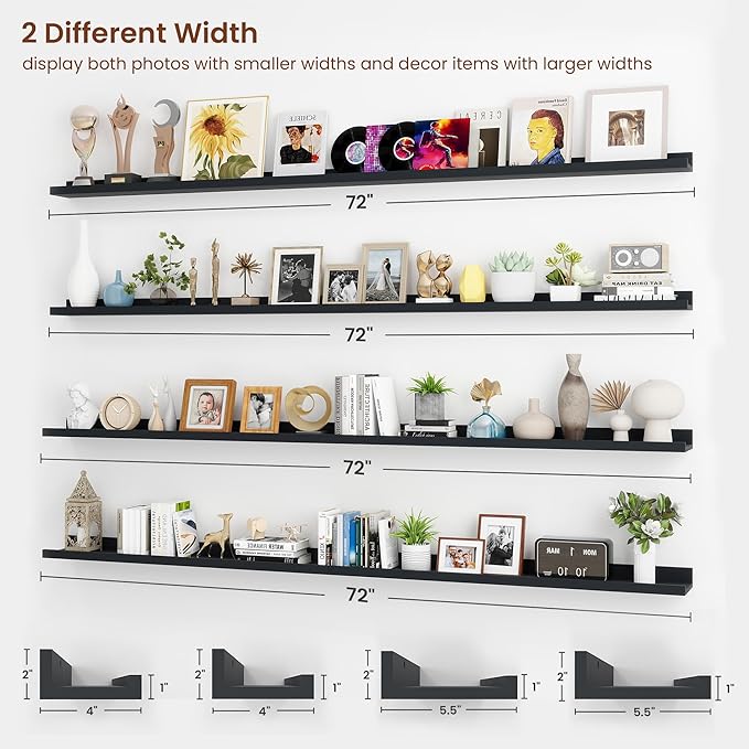 Axeman 72 Inch Floating Shelves | Black Picture Ledge Shelf Set of 4 | Rustic Wood Wall Shelves with Lip | 72" Black Picture Shelves for Wall with Ledge | Photo Shelves