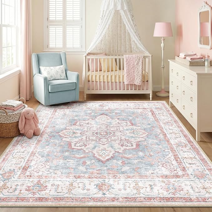 CAPALOCA Machine Washable Rugs Nursery Rug Sq8ft Cute Girl Non Slip Low Pile Water Repellent Soft Print Pattern for Bedroom Indoor Decor Kids Playroom Pink Blue