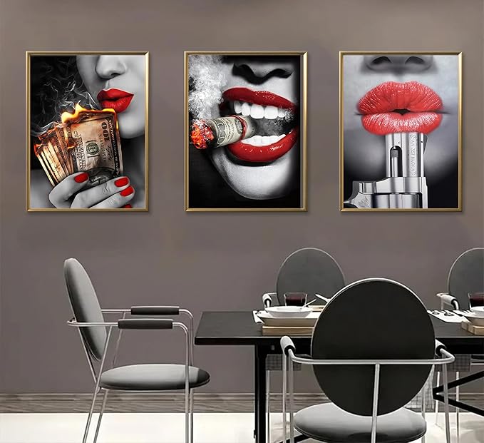 3pcs American Girl Money Wall Art Women Red Lips High Fashion Canvas Prints Posters Trend Black and White Wall Decor Beauty Fashion Abstract Paintings Suitable for Bedroom Living Room Bar Cart Restaurant Wall Decor Unframed