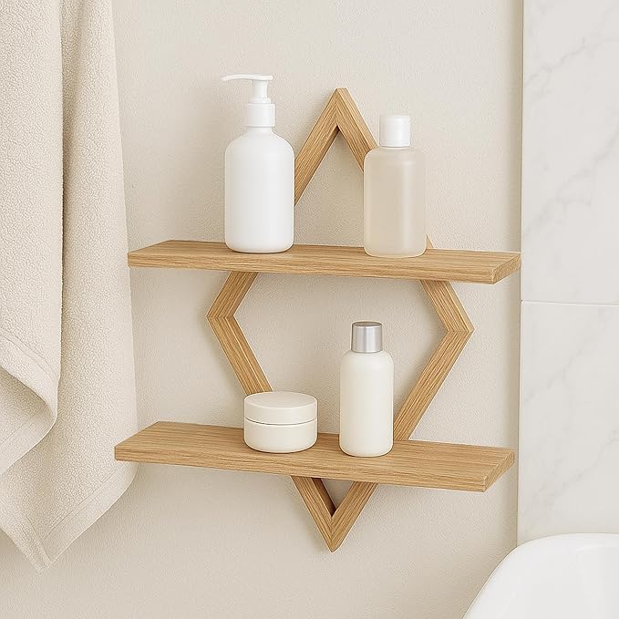 Floating Shelves for Wall,Decorative Wall Shelf,2 Tier Hanging Shelf for Plants Storage Display Holder,Indoor Decor for Living Room Home Office Bathroom Bedroom,Solid Wood,Diamond Shaped,2 Pack