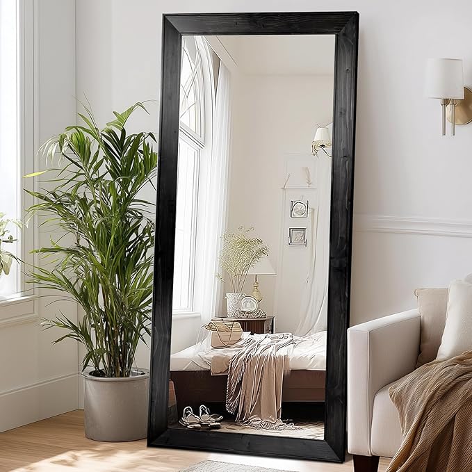 Oversized Black Full Length Mirror 71"x32" - Beveled Solid Wood Frame Wall Mounted or Leaning - Modern Minimalist Dressing Mirror