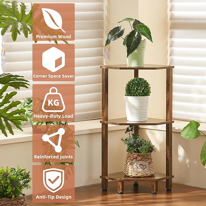 YUFAM 3-Tier Corner Shelf with Sturdy 5-Leg Base, 28in Tall Narrow Bookcase for Small Spaces, Wooden Plant Display Shelf, Thin Bookshelf for Living Room, Bedroom, Office, Brown