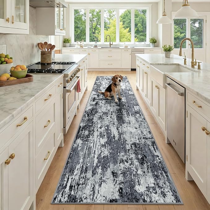 RELEANY Washable Area Rugs 2'6"x10 Non-Slip Modern Abstract Soft for Living Room Entryway Bedroom Nursery, Print Pattern, Black Navy Blue Gray