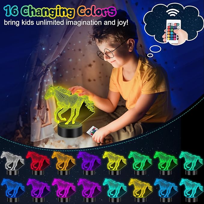 Linkax Horse Gifts for Girls, 3D Illusion Night Light Room Decor 16 Colors Change, Stocking Stuffers for Teen Girls Boys, Christmas Birthday Gifts for 6 7 8 9 10 11 12 Year Old Girl