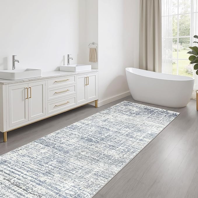 Runner Rug Non-Slip Kitchen Rug: 3x8 Washable Abstract Modern Soft Stain Resistant Indoor Floor Neutral Accent Throw Carpet for Hallway Bathroom Laundry Room Bedroom Entryway- Blue