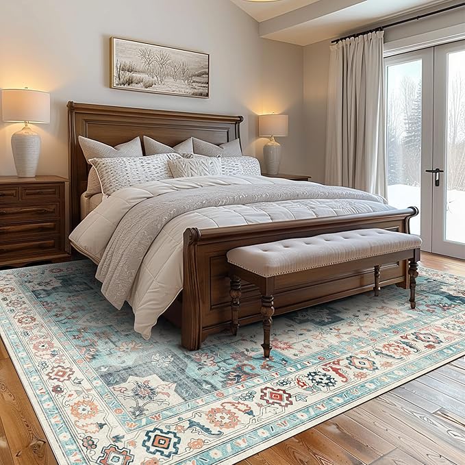 GENIMO 8x10 Area Rugs for Living Room, Machine Washable Non Slip Rugs, Low Pile Lightweight Vintage Print Rug for Bedroom, Dining Room, Home Office, Turquoise & White