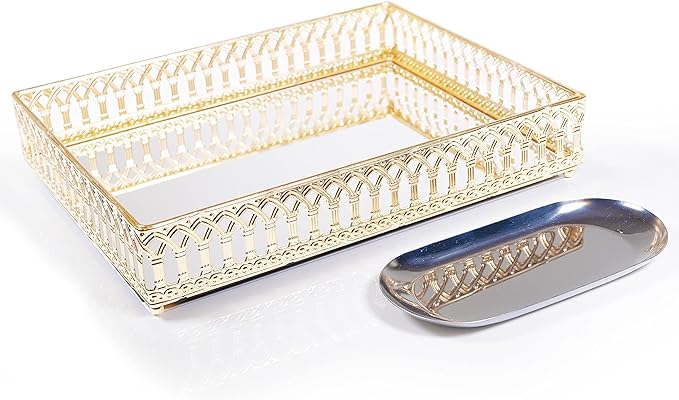 Decorative Tray Mirror Glass Vanity Tray Ornate Makeup Perfume Dresser Jewelry Trinket Organizer for Bathroom Storage & Holiday Home Decor (Rectangle, 12x9in, Gold)