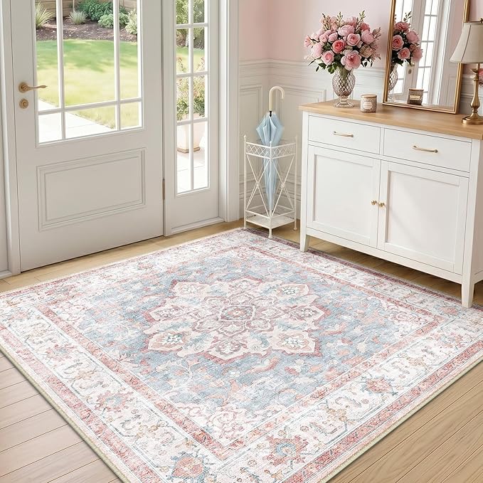 CAPALOCA Machine Washable Rugs Nursery Rug Sq4ft Cute Girl Non Slip Low Pile Water Repellent Soft Print Pattern for Bedroom Indoor Decor Kids Playroom Pink Blue