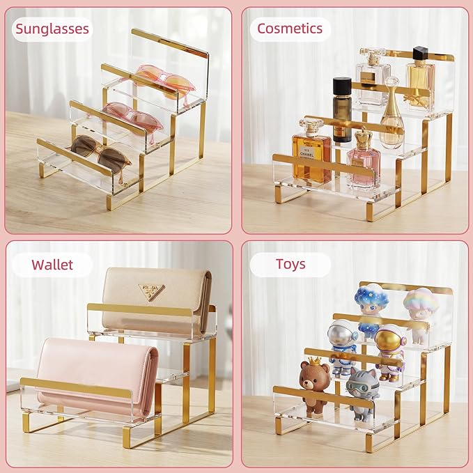 3-Layer Wallet Display Stand, Wide 2.75" Shelves Metal Clutch Holder, Purse Stand for Closet, Boutique Counter, Retail Store Display