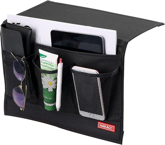 HAKACC Bedside Caddy, Remote Holder for Bed, Storage Organizer with Pockets for Bed, Sofa, Phones, Magazines, Tablets and Accessories, Black