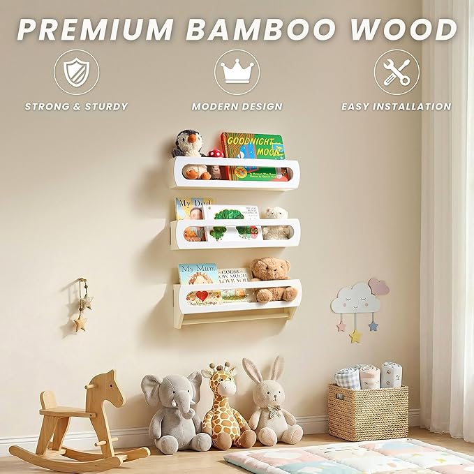 Nursery Shelves for Wall, Premium Bamboo Wood, Fully Assembled - Nursery Book Shelves, Book Shelf for Kids Rooms, Multi-Use Floating Shelves for Wall, Set of 3 (White, 16.5 Inches)