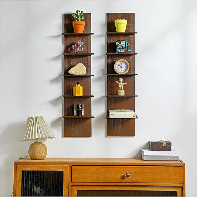 Yuntau 2 Pieces 5 Tier Wall Shelves for Bedroom 31.4 Inches Split Assembly Type Mount Vertical Wall Shelf Column Lack Hanging Floating Shelf for Storage Organizer Design Home Living Room(Walnut)