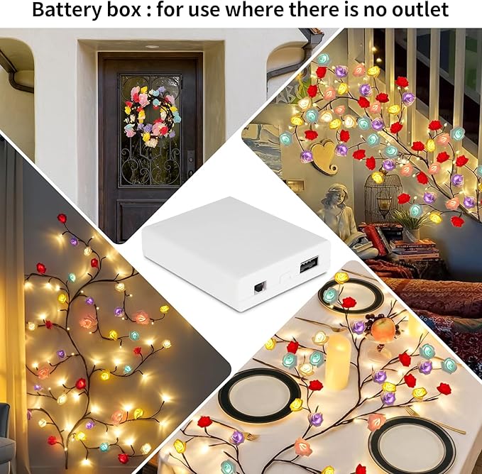 FNHMSL Macaroon Rose Blossom Enchanted Willow Vine Lights, 7.55FT 144LED 6 Color Blossom Tree Branch Lights for Wall, Remote Timer,8 Light Model,Bedroom Wall Doors Wedding, Christmas, USB Battery Box