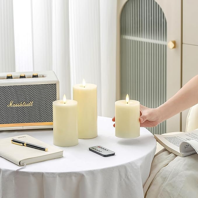 Stmarry Ivory Flameless Candles with Remote and Timer, Real Wax Made LED Pillar Candles Battery Operated with 3D Flickering Flame - 3" x 4",5",6" - Set of 3