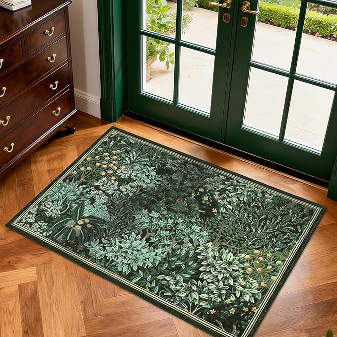 GarveeHome 2x3 Entryway Area Rug Non Slip Front Door Forest Rugs, Washable Indoor Kitchen Floor Mat Soft Low-Pile Stain Resistance Woodland Rug for Farmhouse Bedroom, Green