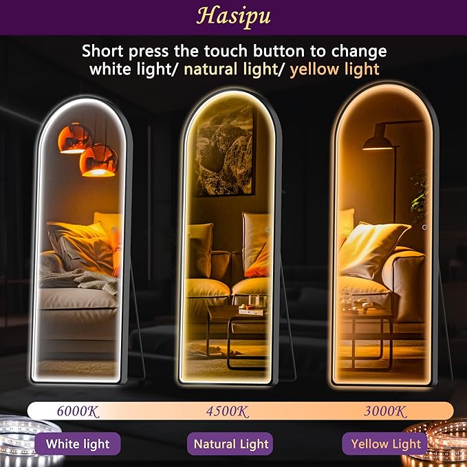 Hasipu 65" x 22" Led Mirror Full Length, Full Length Mirrors with Lights Arch Design, Full Body Mirror with Lights, Wall Mounted Mirror Dimming & 3 Color Modes