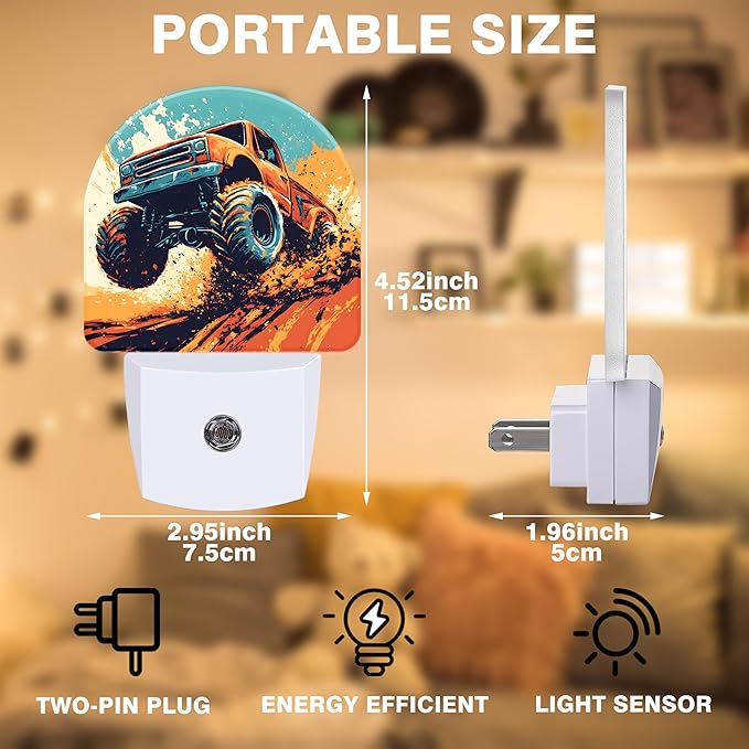 Night Lights Plug into Wall Cartoon Monster Truck Night Light Dusk to Dawn Smart Sensor Decorative Round Led Lamp for Bedroom Kitchen Hallway Nightlight for Women Men