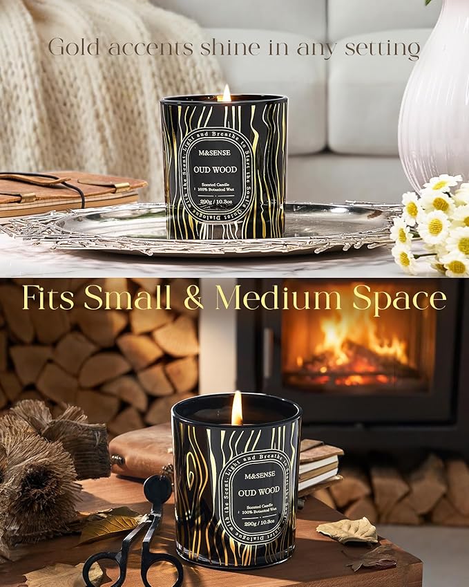 M&SENSE Oud Wood Scented Candle, Natural Soy Candles for Home Scented Non-Toxic, Calm Relax Home Decor, 55 Hours Long Burning 10.3oz, Luxury Housewarming Gifts
