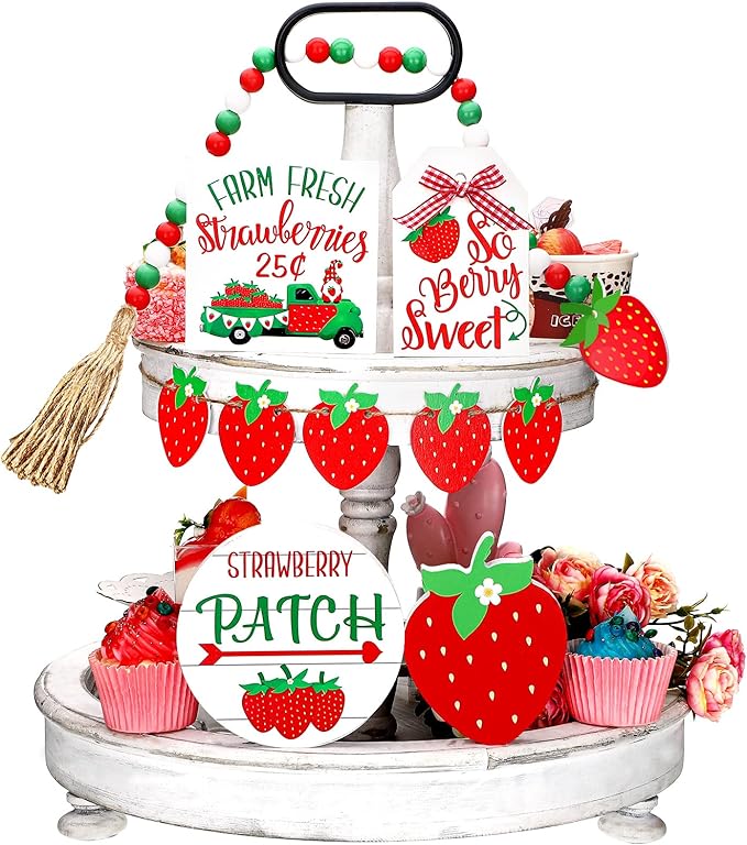 Yalikop 10 Pcs Summer Tiered Tray Decor Sets Strawberry Kitchen Decor Farmhouse Wood Tiered Tray Decorations Standing Sign Bead Garland Banner for Home Able Shelf Mantel Party