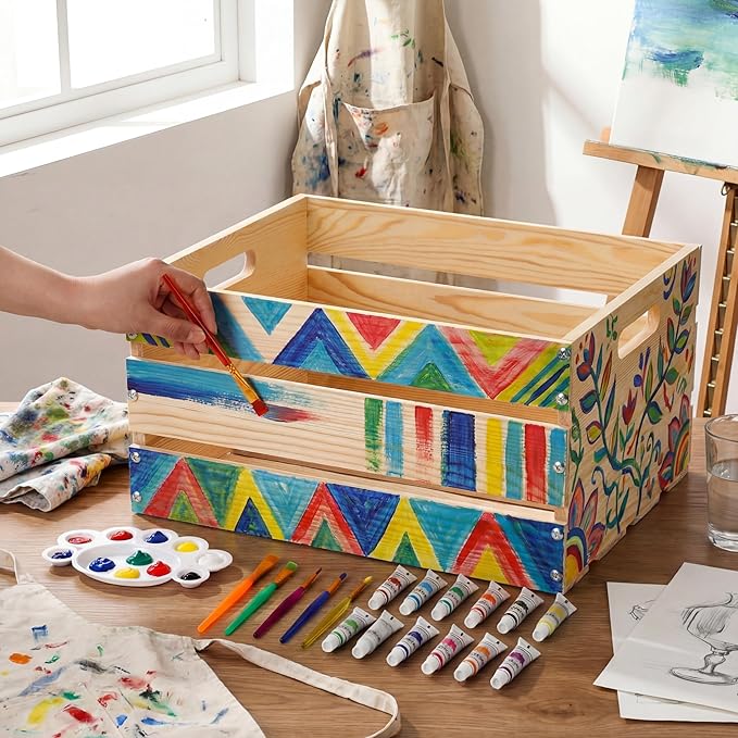 Youyole DIY Summer Bikini Box Large DIY Wood Crate for Crafts Unfinished Wood Crate Box with Paint Set for Storage Display Rustic Farmhouse Beach Party Decor, 16" x 13" x 8.7"