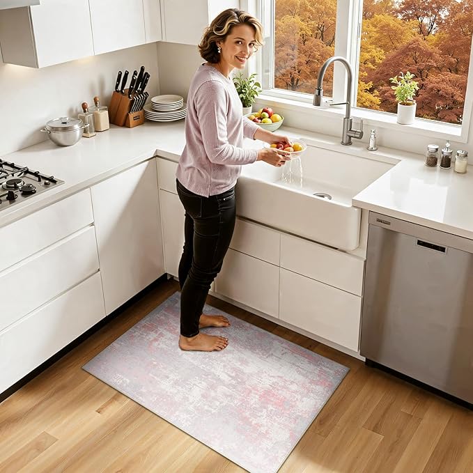 RELEANY Washable Area Rugs 2'x3' Non-Slip Modern Abstract Soft for Living Room Entryway Bedroom Nursery, Print Pattern, Grey Pink