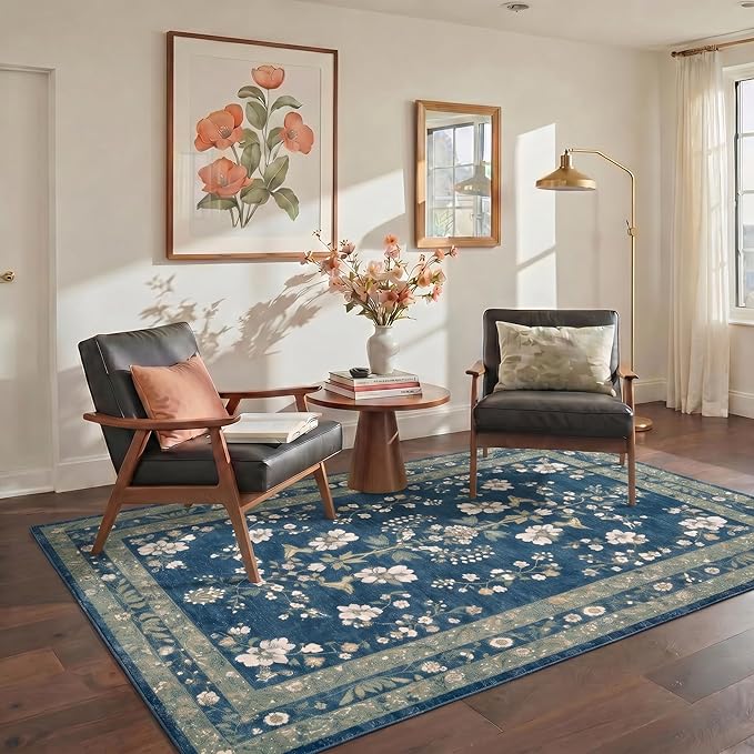 GENIMO 5x7 Area Rugs for Living Room, Machine Washable Non Slip Vintage Rugs, Low Pile Lightweight Chenille Print Rug for Bedroom, Dining Room, Home Office, Dusty Navy