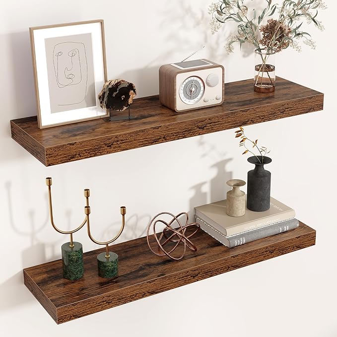 Floating Shelves for Wall 24 inch Long, Engineered Wood Wall Shelves with Invisible Brackets for Living Room Bedroom Bathroom Office Kitchen Decor and Storage, Rustic Brown Finish, Set of 2