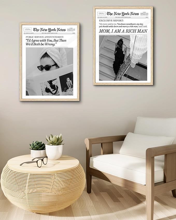EcoHest Trendy Newspaper Framed Wall Art, 16x20 in Large OAK Wood Cool Girl Canvas Art, Magazine Bar Cart Print College Dorm Decor, Beige Logs Set of 1 for Bedroom Living Room