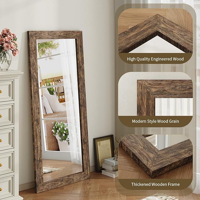 Syndra Modern Full Length Mirror Wood Frame, 56x20'' Large Floor Mirror with HD Tempered Glass & Wall Mount Option, Rectangular Standing Mirror for Bedroom, Living Room, Entryway, Farmhouse(Walnut)