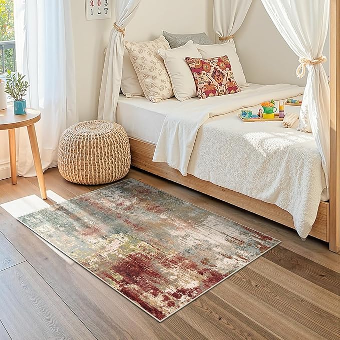 RELEANY Washable Area Rugs 3'x5' Non-Slip Modern Abstract Soft for Living Room Entryway Bedroom Nursery, Print Pattern, Brown Rust Red Green Blue Multi