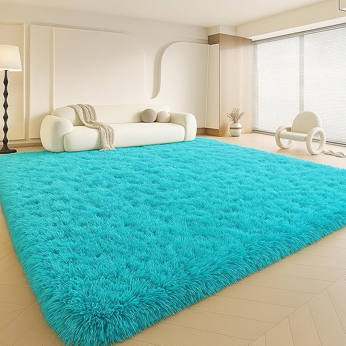 Teal Blue Plush Rug 9x12, Fluffy Shag Carpet Non-Slip, Area Rug for Living Room Bedroom, Modern Soft Rug for Kids Dorm, Hypoallergenic Easy-Clean