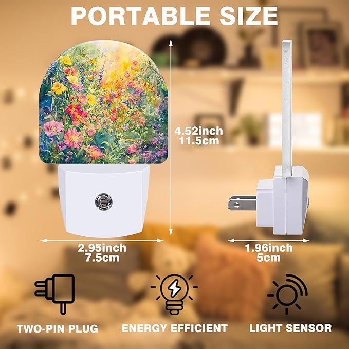 Night Light, Abstract Watercolor Flower Night Lights Plug into Wall Dusk to Dawn Sensor Round Nightlight for Women Men Energy Efficient Led Lamp 0.5W for Stairway Hallway Bedroom
