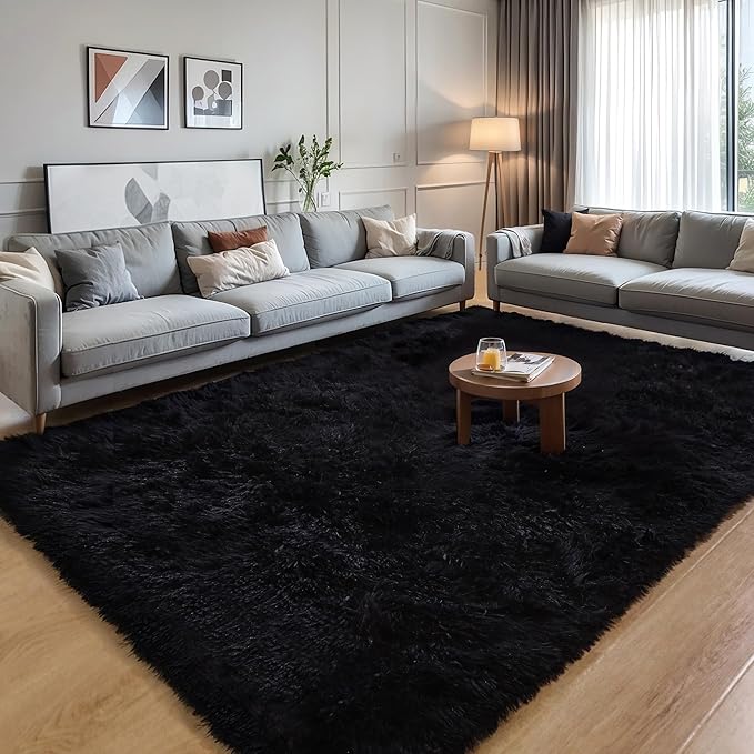 KICHOWUA 5x8 Black Fluffy Shag Rug for Bedroom, Ultra Soft Plush Fuzzy Washable Non Slip Floor Cozy Carpet, Modern Comfy Furry Shaggy Area Rug for Living Room, Kids Baby Boys Girls Nursery Dorm