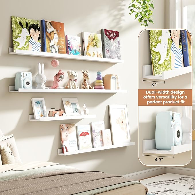 Fun Memories Picture Ledge Shelves Set of 4, 36 Inch Rustic Wall Mounted Floating Shelves with Lip for Home Storage and Décor in Bathroom, Kitchen, Nursery, Bedroom, Living Room, White