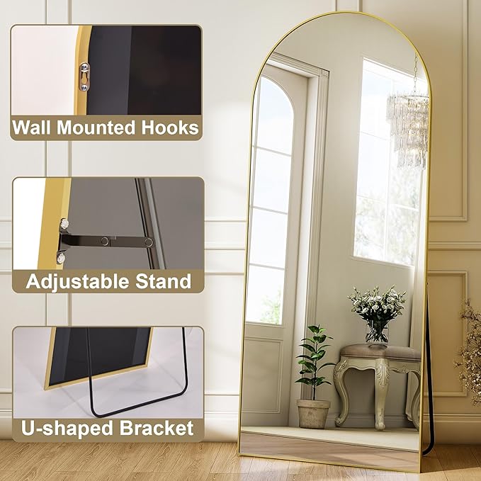 Arched Full Length Mirror 59"x16", Floor Standing Body Mirror with Aluminum Frame,Leaning Hanging for Bedroom Cloakroom Living Room Gold