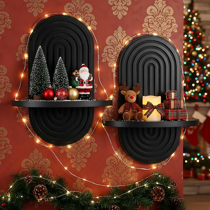 Heiple Set of 2 Boho Arched Floating Shelves 15.7”x 7.8”3D Wooden Hanging Shelf for Living Room Bedroom Nursery Mid Century Modern Wall Decor(Black, 11.7 * 15.7)