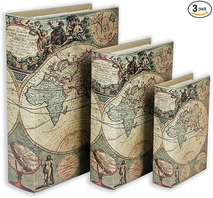 Decorative Wooden Book Boxes Set of 3, World Map Pattern, Antique Look with Magnetic Leather Cover, Hidden Secret Storage for Jewelry, Keepsakes, and Gifts