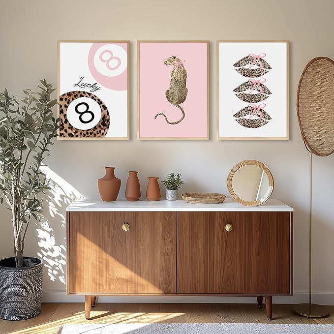 Pink Leopard Wall Art Decor Cheetah Trendy Poster Preppy Aesthetic Canvas Room Decor Pictures Coquette Y2k Wall Art 8 Ball Prints Pink Fashion Bow Artwork for Girls Bedroom 12x16x3 Inch Unframed
