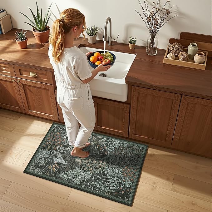 GarveeHome 2x3 Entryway Area Rug Non Slip Front Door Forest Rugs, Washable Indoor Kitchen Floor Mat Soft Low-Pile Stain Resistance Woodland Rug for Farmhouse Bedroom, Black Green