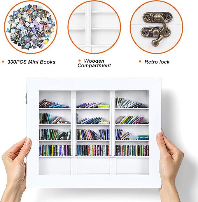 Anxiety Mini Bookshelf Mini Books with 300PCS Mini Bookshelf Shake Away Your Anxiety Wooden Miniature Book Library for Stress Relief, Home and Office Decor, Unique Gift for Book Lovers - White