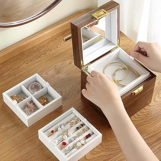 Makeup Organizers Solid Wooden Jewelry Box for Women Jewelry Armoire Ring Necklacel Gift Storage Box Travel Organizer with Mirror, Walnut Wood Color Jewelry Case
