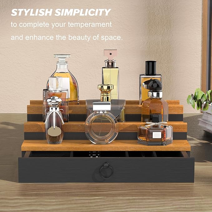 upcessory Cologne Organizer for Men, 3 Tier Wood Perfume Organizer with Felt Lining Drawer and Hidden Compartment Perfume Display Holder, A gift for men