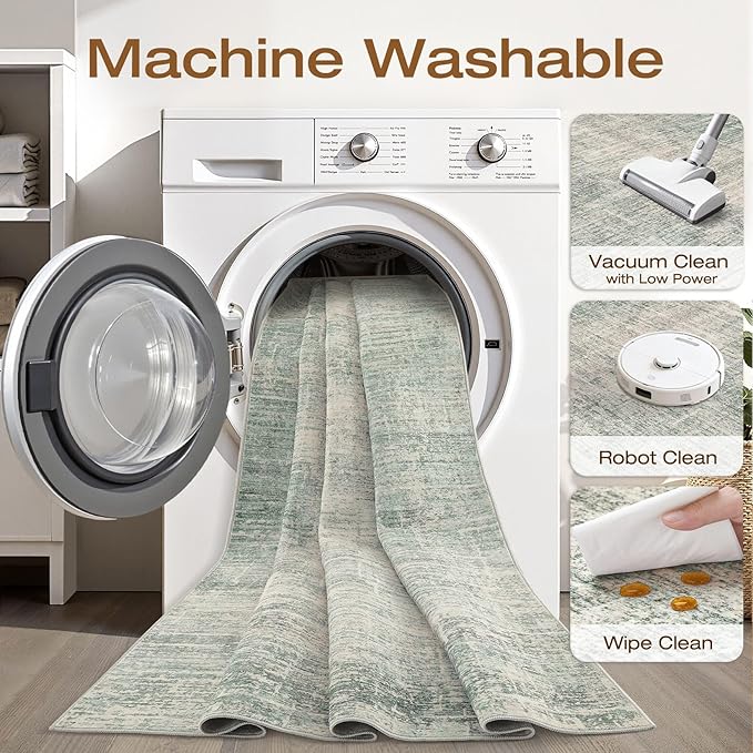 4x6 Rug Washable Area Rugs: Neutral Abstract Soft Modern Stain Resistant Small Indoor Floor Non-Slip Low Pile Throw Carpet for Entryway Kitchen Bedroom Nursery Kids Office Playroom Home House- Green