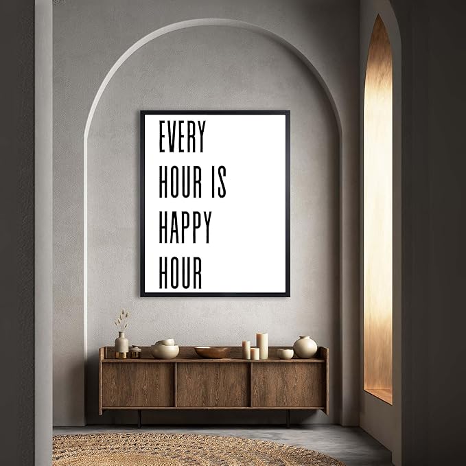 InkFlow Posters Every Hour Happy Hour Poster - Minimal Typography Quote Illustration - Modern Bar Kitchen Wall Decor - Simple Black White Design - 16x20 Unframed Canvas Print