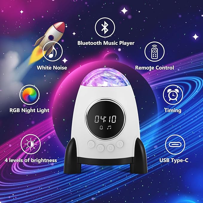 Star Projector With Alarm Clock, Rocket Galaxy for Bedroom, Bluetooth Speaker and White Noise Aurora