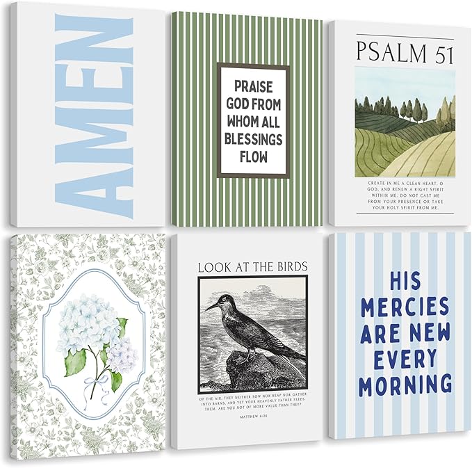 Blue Green Christian Wall Art Decor Bible Verse Canvas Poster Preppy Scripture Pictures Trendy Religious Prints Aesthetic Floral Artwork Painting for Bedroom Living Room 12x16 Inch Ready to Hang 6Pcs