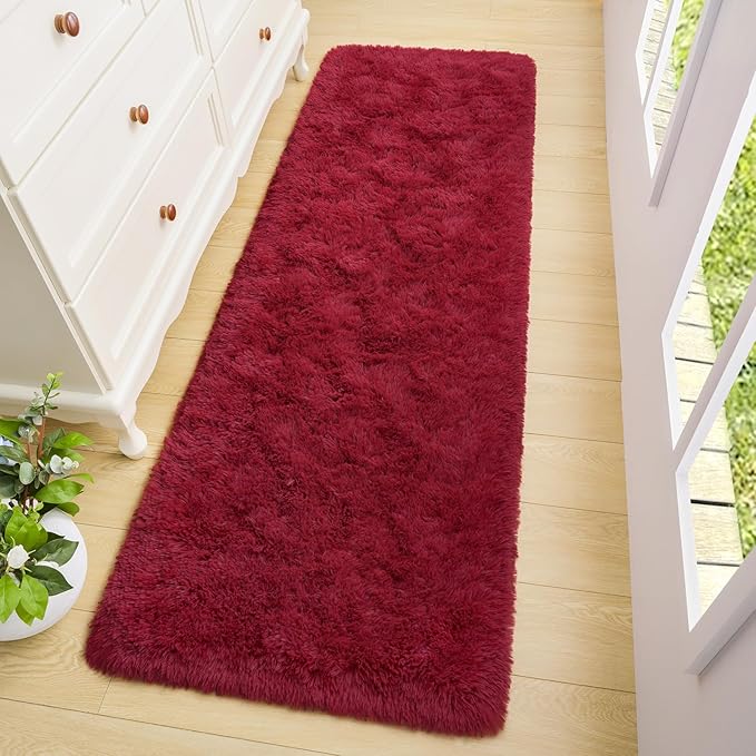 BENRON Soft Runner Rugs for Bedroom 2x6, Washable Long Runners for Hallway Entryway Kitchen Dorm, Fluffy Throw Rug for Kids Girls Room Decor Photo Prop, Wine Red