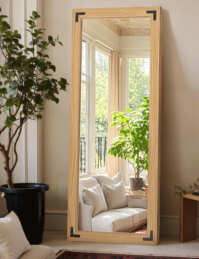 TRAHOME Full Length Mirror with Wooden Frame, 65"X24" Solid Wood Standing Floor Mirror for Farmhouse, Bathroom, Bedroom, Hanging or Leaning Wall-Mounted(Natural)