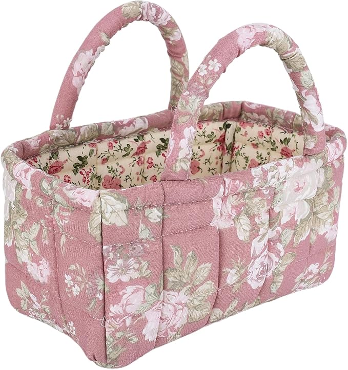 Small Storage Basket Organizer, Mini Quilted Fabric Basket with Handle, Collapsible Storage Bin for Socks, Keys, Diapers